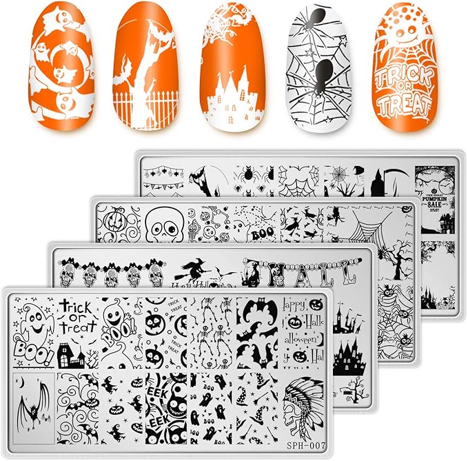 Whaline 4 Pieces Halloween Nail Art Plates Image Stamp Templates Stamping Kit DIY Print Manicure Salon Design