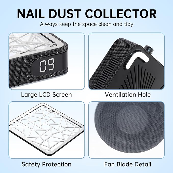 Nail Dust Collector, Cordless Dust Collector Nail Tech, Powerful Vacuum Fan Vent Dust Collector Extractor Dust Suction Machine for Acrylic Nails Polishing, Nail Salon, Black Diamond