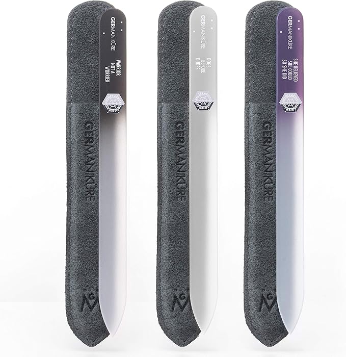 GERMANIKURE Czech Crystal Glass Nail File 3 Pack in Suede Leather Case - Professional Manicure & Pedicure Products for Smooth Easy Shaping of Natural Nails