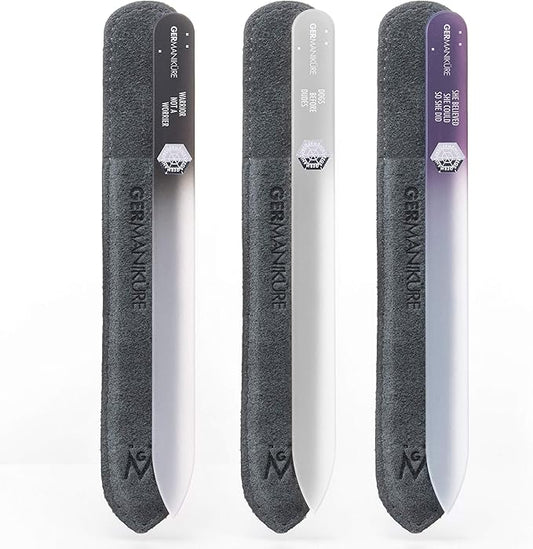 GERMANIKURE Czech Crystal Glass Nail File 3 Pack in Suede Leather Case - Professional Manicure & Pedicure Products for Smooth Easy Shaping of Natural Nails