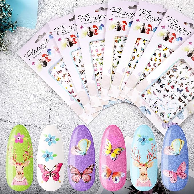 24 Sheets Colorful Butterfly Flower Nail Stickers - Mixed Design Self-Adhesive Nail Decals - Butterfly Manicure Sticker for Women - Nail Decorations (Classic Style)