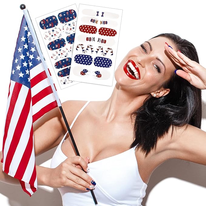 Maitys 140 Pcs 10 Sheets Patriotic Full Wrap Nail Stickers 4th of July Polish Strips Gradient Stickers Memorial Independence Day Glitter Self Adhesive DIY Art Strips with 2 Pcs Nail Files