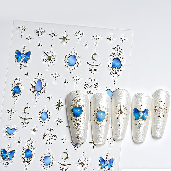 3Sheets Butterfly Nail Art Stickers Retro Heart Style Nail Decals Red Blue Butterfly Nail Stickers Embossed Self-Adhesive Star Moon Bow Patterns Design Nail Supplies for Women DIY Nail Decorations