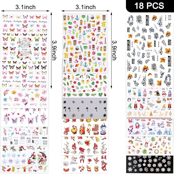Whaline 18 Sheets All Year Nail Art Stickers Spring Summer Fall Winter Decorative Self-Adhesive Nail Decals for Seasonal Party DIY Manicure Supplies