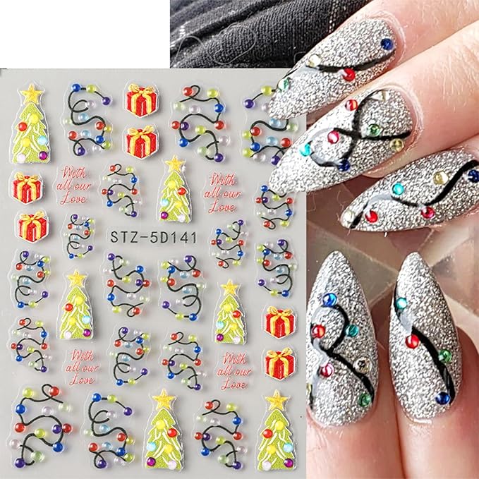 2 Sheets Embossed Christmas Nail Stickers for Nail Art New Year Colorful Light Strips Nail Art Stickers Winter Christmas Tree Nail Decals 5D Self-Adhesive Xmas Gift Box Nail Decoration for Women
