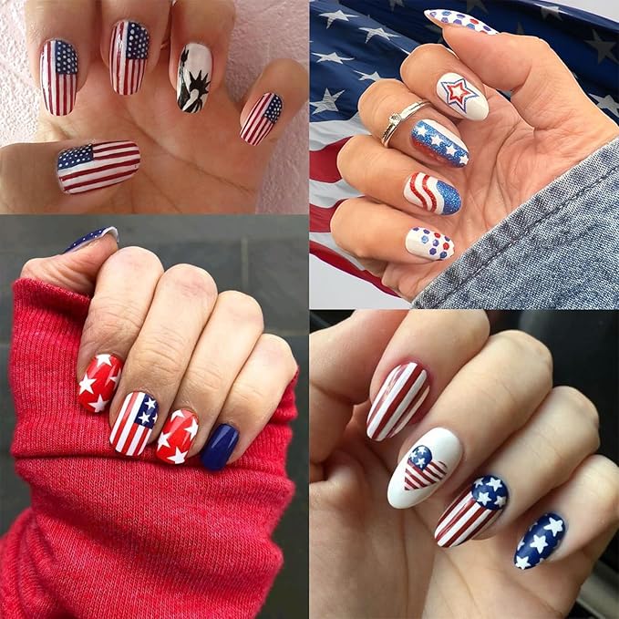 8 Sheet 4th of July Nails Art Stickers American Independence Day Nail Stickers 3D Self-Adhesive Nail Decals Heart Balloon Design American Flag Nails Supplies for Women Manicure
