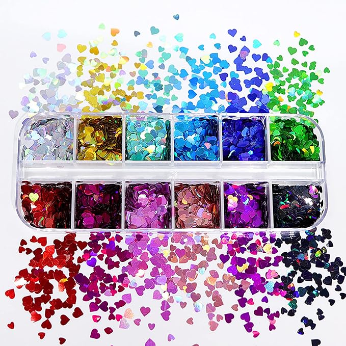 AddFavor 4 Boxes Valentine Nail Glitter Mixed Shaped Pink Purple White Heart Flower Colorful Round Sequins Lash Decals for Art Decoration/False Eyelash Decor