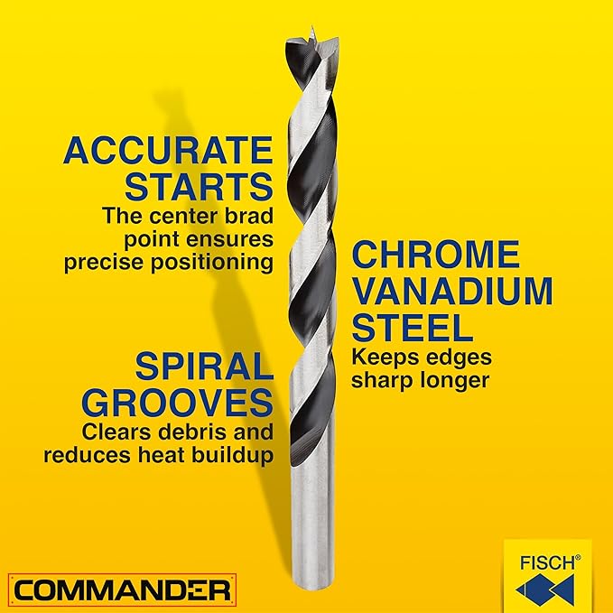 Fisch Brad Point Drill Bits (10mm x 133mm) - Premium Drill Bits for Soft, Hard, Veneered and Laminated Wood, MDF and Acrylic Glass - Beveled Edge for Fast, Easy Cutting - FSF-004097 - Made in Austria