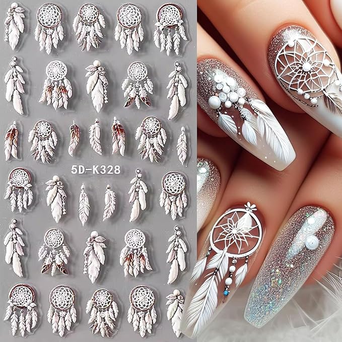 2Sheets Cute Owl Nail Art Stickers 5D Embossed Feather Dreamcatcher Designs Nail Decals Self-Adhesive White Owl Rose Flower Nail Sticker Autumn Winter Nails Supplies for Women DIY Manicure Decor