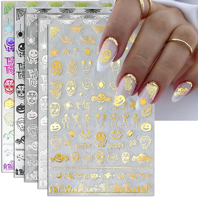 TailaiMei 12 Sheets Halloween Nail Stickers, Laser Self-Adhesive Nail Art Decals for DIY Glitter Nail Decorations (5 Colors)