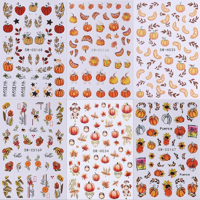 6 Sheets Fall Nail Art Stickers 3D Self-Adhesive Maple Leaf Nail Stickers with Ear of Wheat & Chestnut Designs DIY Pumpkin Nail Decal Supplies for Women Nail Art Manicure Decoration Accessories