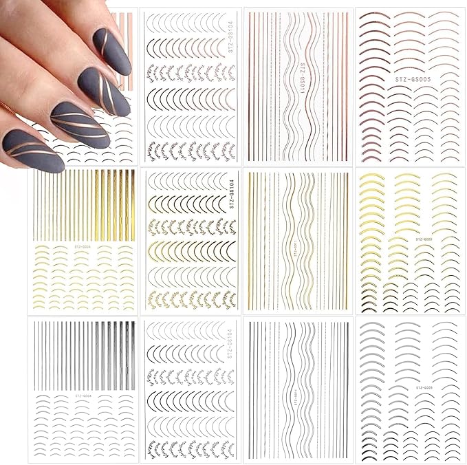 EBANKU 12 Sheets Gold Silver Metal Nail Stickers, Metallic Curve Strip Line Nail Decal Self-Adhesive 3D Wave Design DIY Decoration for Women Girls