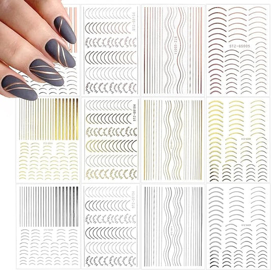 EBANKU 12 Sheets Gold Silver Metal Nail Stickers, Metallic Curve Strip Line Nail Decal Self-Adhesive 3D Wave Design DIY Decoration for Women Girls