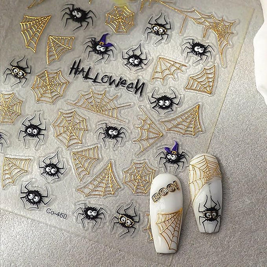 Halloween Nail Art Stickers 5D Embossed Nail Decals Gold Spider Web Nail Stickers Halloween Spider Nail DIY Supplies Decorations for Women (1 Sheet)