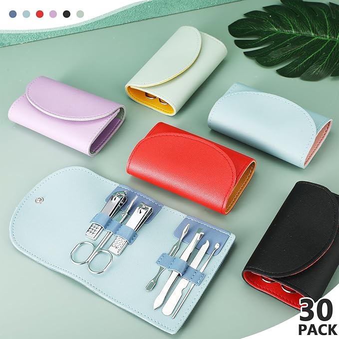 30 Set Manicure Kit Bulk Nail Clippers 7 in 1 Mini Nail Clippers Stainless Steel Professional Care Pedicure with Travel Bag Grooming Kit for Christmas Women Men Home(Bright Color,Classic)