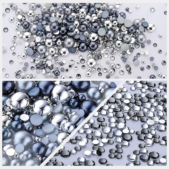 60g Grey Silver Pearls Rhinestones for Crafts Mixed Size 3mm-10mm AB Color Round Half Pearls Flatback Pearl Beads and Resin Rhinestones Set for Face Art with Gel