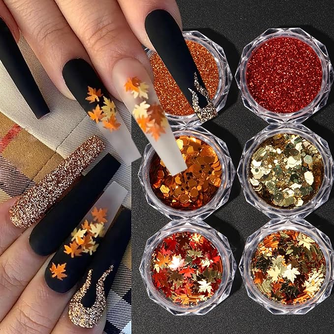 Thanksgiving Fall 3D Maple Leaf Nail Art Glitter Sequins, Mixed Red & Orange Nail Glitter Powder Polygons Sequins Fall Nail Decals for for Women Nail Decorations Supplies DIY Manicure Accessories