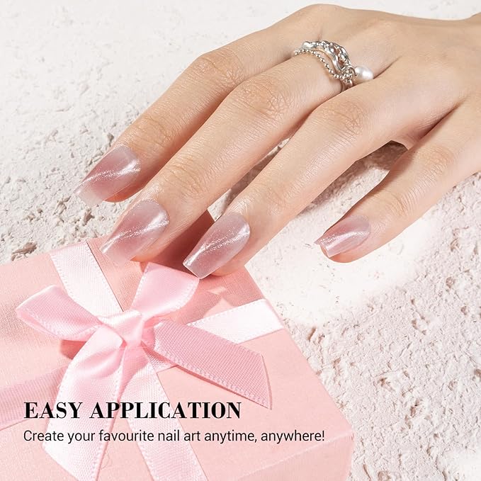 MelodySusie Semi Cured Gel Nail Strips (Blush Cat Eye)- Works with Nail lamp, Salon-Quality, Long Lasting, Easy to Apply & Remove - Includes 20Pcs, 2 Prep Pads, Nail File & Wooden Stick