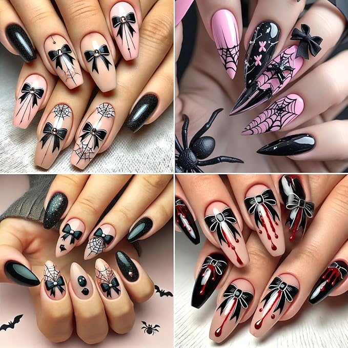 2Sheets Halloween Nail Art Stickers 3D Embossed Black Bow Spider Web Nail Decals with Rhinestones Design Nail Sticker Self Adhesive Bows Blood Drop Textured Nail Decal for Women DIY Nails Decor Supply