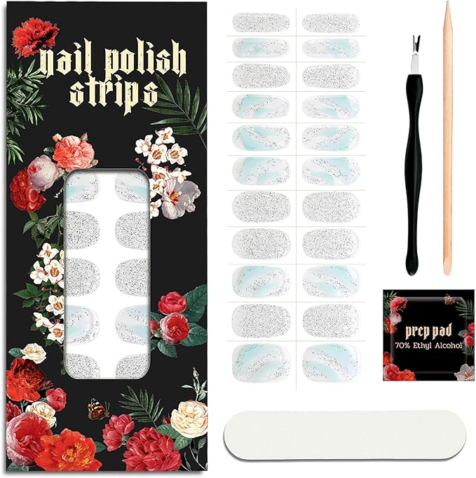 Nail Polish Strips - 22 Pcs Salon Quality Gel Nail Stickers - Long Lasting Wraps (Crystal Ice Sliver)