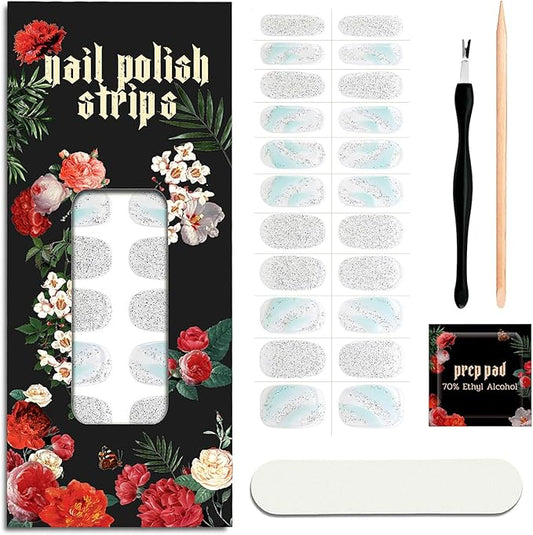 Nail Polish Strips - 22 Pcs Salon Quality Gel Nail Stickers - Long Lasting Wraps (Crystal Ice Sliver)