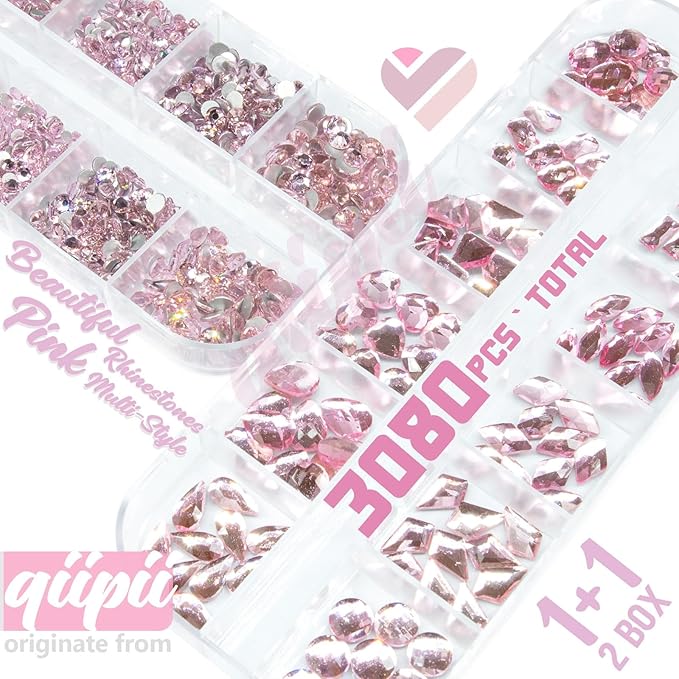 3080Pcs Pink Nail Rhinestones 120 Multi Shapes Flatback Rhinestones Big Gems +2960 Light Pink Round Beads K9 Glass Stones Diamonds jewels Crystals for Nails Faces Eyes Makeup Clothes Crafts DIY