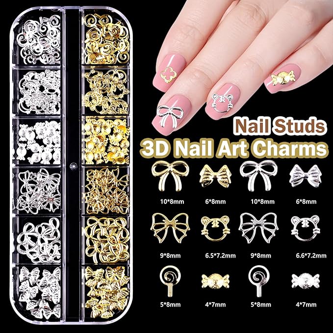 Mixed 3D Nail Charms and Rhinetones, Color Flower Bow Star Nail Art Charms,Half Round Pearl Flatback AB Nail Gems,Gold & Silver Nail Studs,Gravel Diamond Manicure Kit DIY Nail Art Supplies Accessories