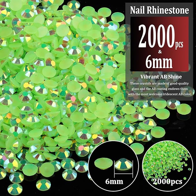 2000pcs 6mm Resin Rhinestones Bulk, Fluorescent Green AB Flatback Round Jelly Rhinestones Non Hotfix Crystal Gems Large Quantity Wholesale for DIY Crafts Clothes Face Makeup Manicure