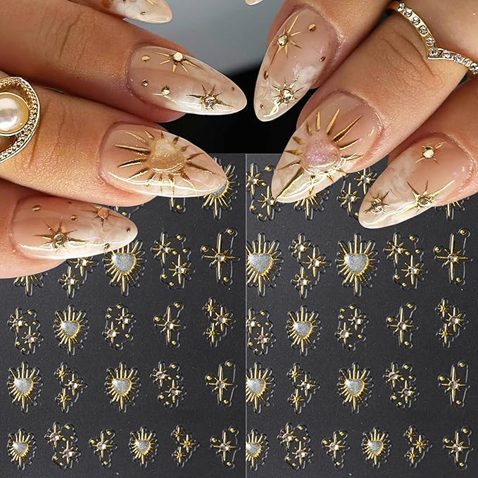 2 Sheets Gold Star Nail Decals for Nail Art Celestial Nail Stickers Embossed Star Nail Decals with Diamond Designs 5D Self-Adhesive Sun Nail Supplies for Women DIY Manicure Nails Decoration