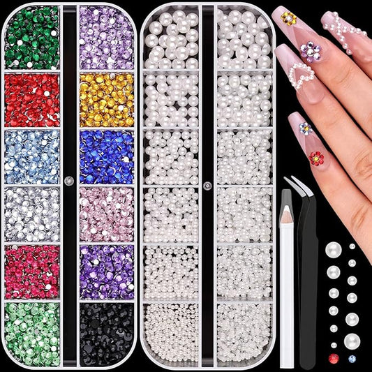 8000Pcs Nail Pearls and Colorful Rhinestones for Nail Art, White Pearl Nail Charms(Flatback+Round), Nail Gems and Rhinestones Crystals Charms Bedazzling Gems for Acrylic Tips Manicure Decor