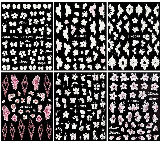 JMEOWIO 6 Sheets 3D Embossed Flower Butterfly Nail Art Stickers Decals Self-Adhesive Pegatinas Uñas 5D White Spring Floral Nail Supplies Nail Art Design Decoration Accessories