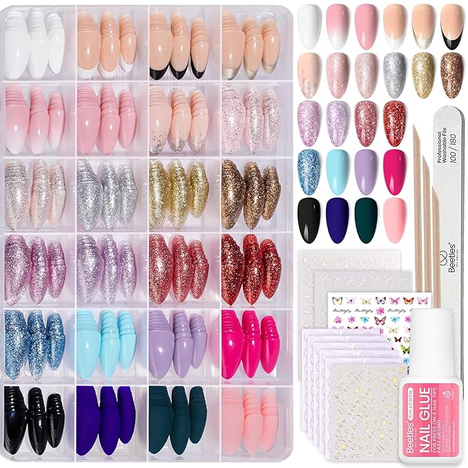 Beetles Press on Nails Kit 720Pcs 24 Colors, Press on Nails Short Almond Glossy Matte Glitter With Nail Glue & Nail Tabs Stickers, Natural Fit Lightweight Fake Nails Kit Art For Women Girls