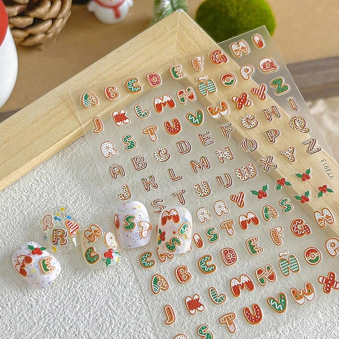 Christmas 5D Embossed Nail Art Stickers - Letter Decals, Sanding Design, Cute Winter Holiday Supplies for Women DIY - English Colour Alphabet, Cute Winter Holiday Theme