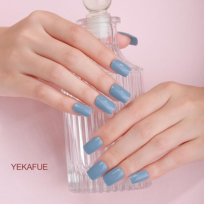 No Lamp Gel Nail Strips 22 Pcs Wraps - Muddy Blue, Solid, Easy Apply Gel Nail Stickers Long Lasting, Salon-Quality, 2 Prep Pads, 1 File, 1 Wooden Stick