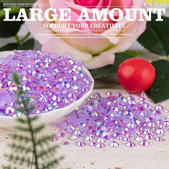 5000PCS Resin Rhinestones with Tweezers for Crafting, 2/3/4/5/6mm Flatback Jelly Rhinestones, 3 Box Lavender Purple AB Non Hotfix Crystal Gems for DIY Crafts Mugs Tumblers Clothes Makeup Nail
