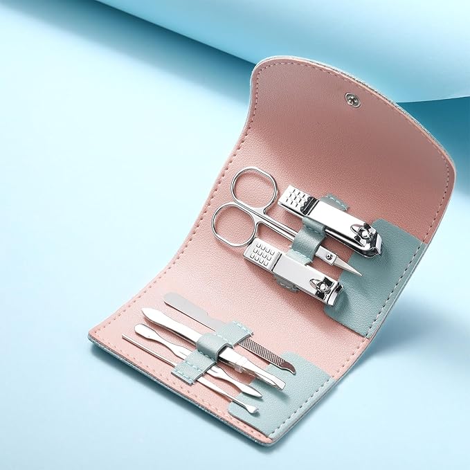 12 Set Manicure Set Bulk Mini Manicure Nail Clipper Kit 7 in 1 Stainless Steel Professional Nail Care Pedicure with Travel Portable Bag Grooming Kits for Christmas Women Men Home(Green)