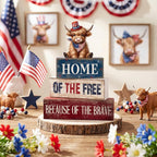 Moucuny 4 Pcs 4th of July Decorations Patriotic Highland Cow Wooden Block Sign - Image 2