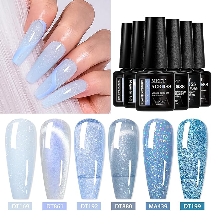 MEET ACROSS Gel Nail Polish Set 6 Pcs Glitter Colors Gel Nail Kit Art Design Soak Off UV LED (SET-9, 6pcs)