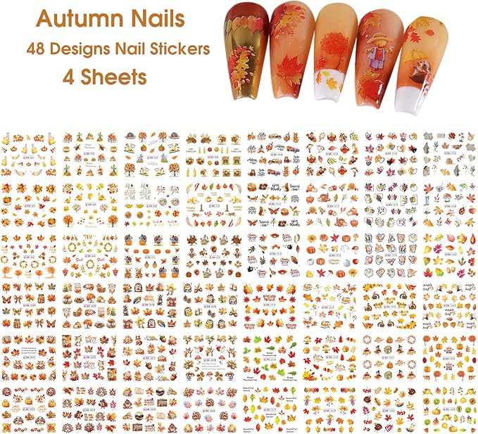 Fall Nail Stickers Water Decals 48 Designs Autumn Maple Leaf Water Transfer Nail Decals Turkey Pumpkin Squirrels Foxes Sliders Manicure Fall Sticker for Nail Decoration DIY Supplies 4 Sheets
