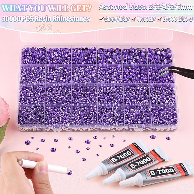 30000Pcs Resin Purple Rhinestones for Bedazzling Crafting with b7000 Jewelry Glue, Bulk Flatback Gems Bedazzler Kit for Crafts Clothes Shoes Fabric Nail Diamond Art, Assorted Size 2/3/4/5/6mm
