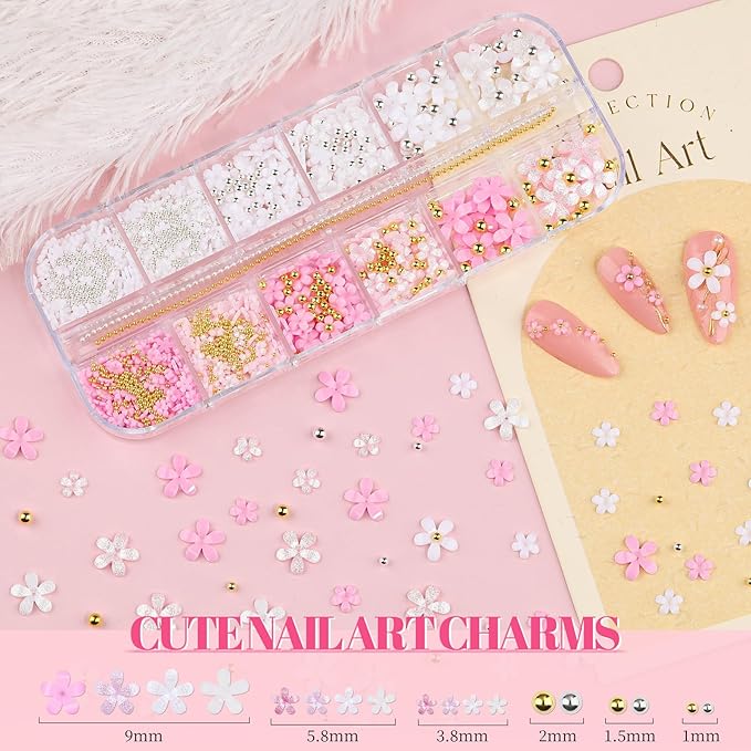 2 Boxes 3D Flower Nail Charms and Nail Beads & Bubble Beads - Rose Nail Flower Charms Pink Cherry Blossom Petal Silver/Gold Caviar Bead Mixed Sizes Glass Bubble with Nail Chain (7-S2-Mixed4)