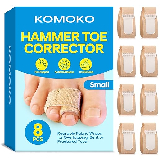 Komoko Hammer Toe Corrector for Women (8 Pack, Small, Beige), Hammer Toe Straighteners for Curled Toes, Soft Nylon Hammer Toes Corrector for Men, Adjustable & Reusable Toe Wraps for Daily Use