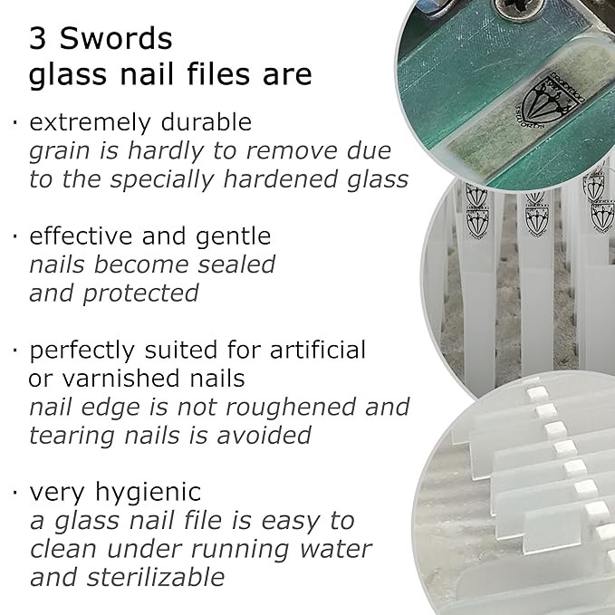 3 Swords Germany - Brand Quality Glass Nail File Set, 3 Pieces, Perfect for Natural Fake Gel Artificial Acrylic fingernail, incl. Black Plastic case