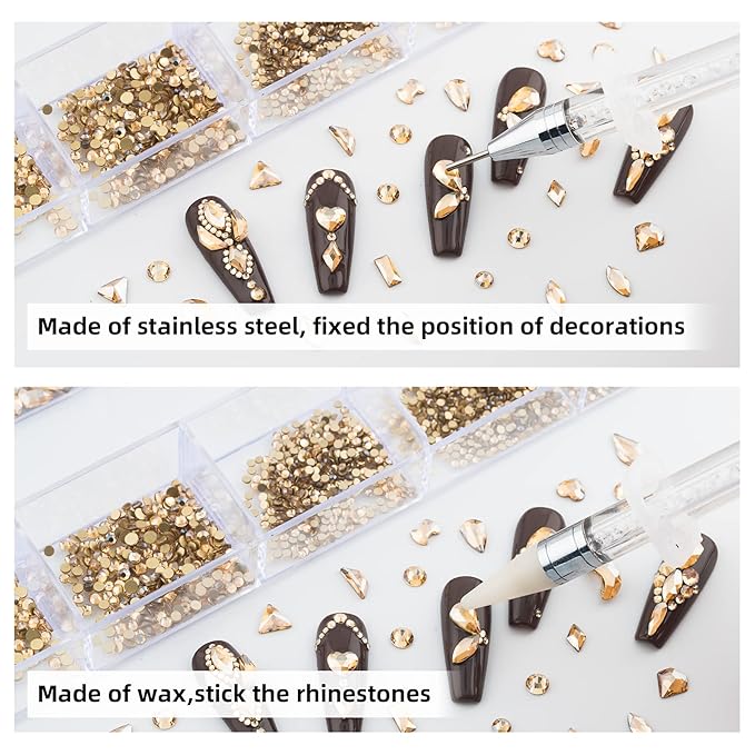 Nail Rhinestones Kit, Nail Art Decorations with Wax Pencil Flat AB Rhinestones Kit DIY Crafts Gemstones for Nail, Shoes, Clothes, Jewels (600 Champagne diamonds + 2500 flat rhinestones)