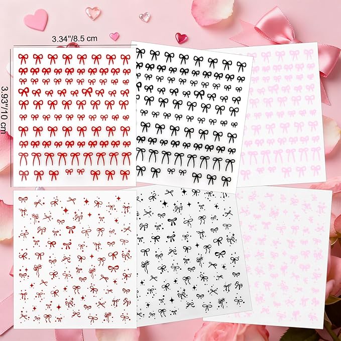 Allstarry Bow Nail Stickers, 6 Sheets Bow Stickers for Nails, Self-Adhesive Glossy Pink Red Black Cute Nail Decals for Women Girl Gift Christmas Valentine’s Day Accessories Decoration