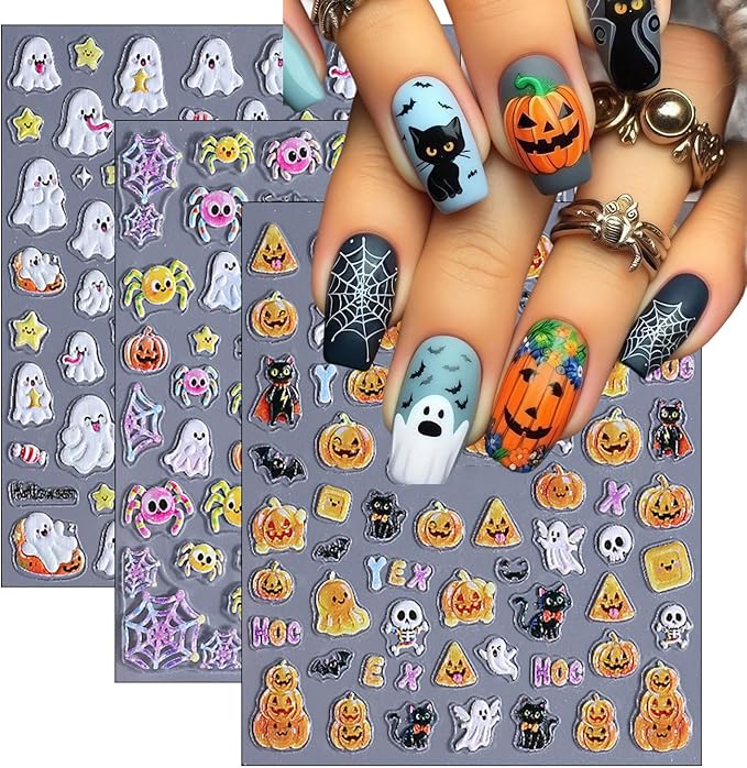 3 Sheets Halloween Nail Art Stickers Ghost Spider and Pumpkin Nail Stickers Cute Nail Decals for Nails Art 3D Self-Adhesive Nail Art Supplies for Women Girls