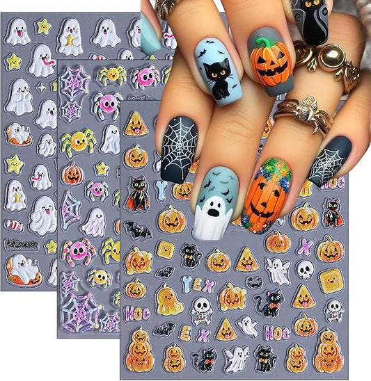 3 Sheets Halloween Nail Art Stickers Ghost Spider and Pumpkin Nail Stickers Cute Nail Decals for Nails Art 3D Self-Adhesive Nail Art Supplies for Women Girls
