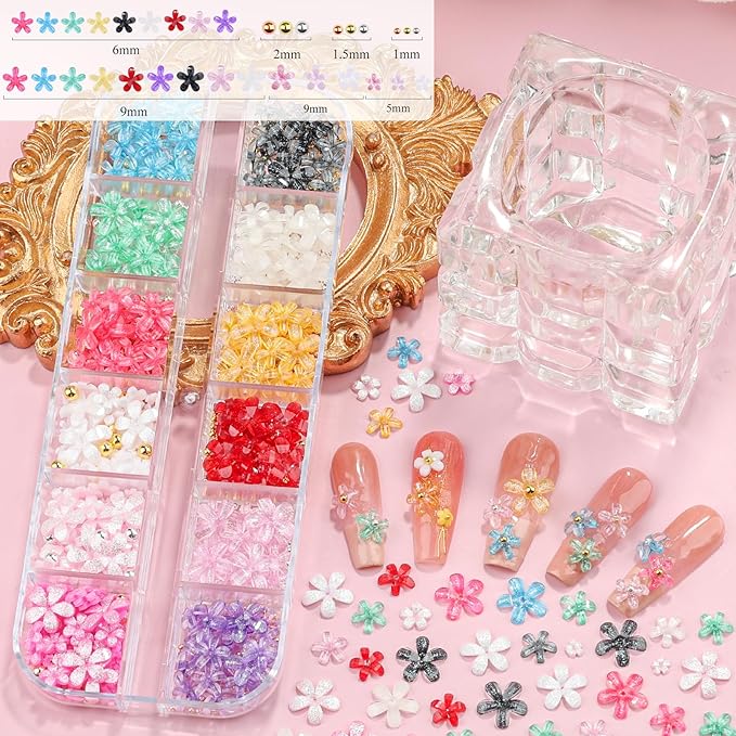 3 Boxes 3D Flower Nail Charms and Gems - Colorful Nail Flower & Metal Butterfly Charms Clear Rhinestones Gemstones Silver/Gold Caviar Beads White Pearls with Nail Chain for DIY Nails (13-S3-Mixed2)