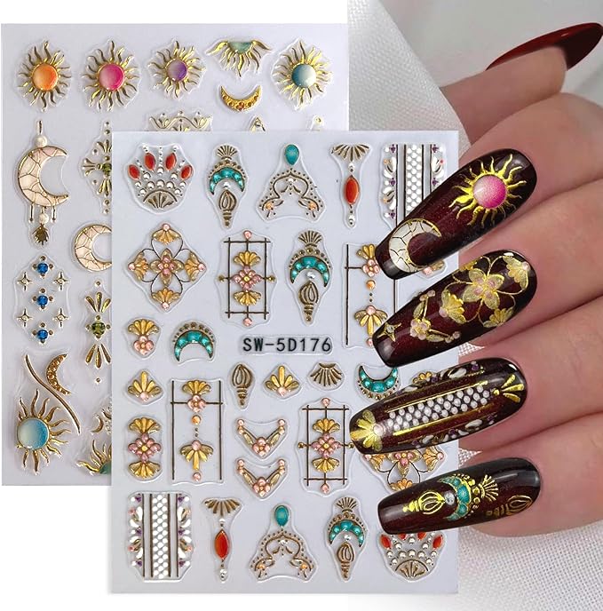 MUIIIGOOD 2 Sheet Sun Moon Stars Boho Nail Stickers Charms for Nail Art 5D Embossed Bohemian Style Floral Nail Decals Metallic Gold Sun Moon Star Luxury Celestial Nail Art Stickers Supplies for Women