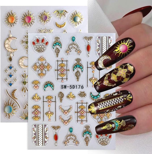 MUIIIGOOD 2 Sheet Sun Moon Stars Boho Nail Stickers Charms for Nail Art 5D Embossed Bohemian Style Floral Nail Decals Metallic Gold Sun Moon Star Luxury Celestial Nail Art Stickers Supplies for Women